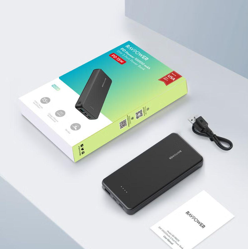 باور بنك 10000mAh بقدرة 15W بثلاث منافذ - راف باور (RAVPower) - أسود