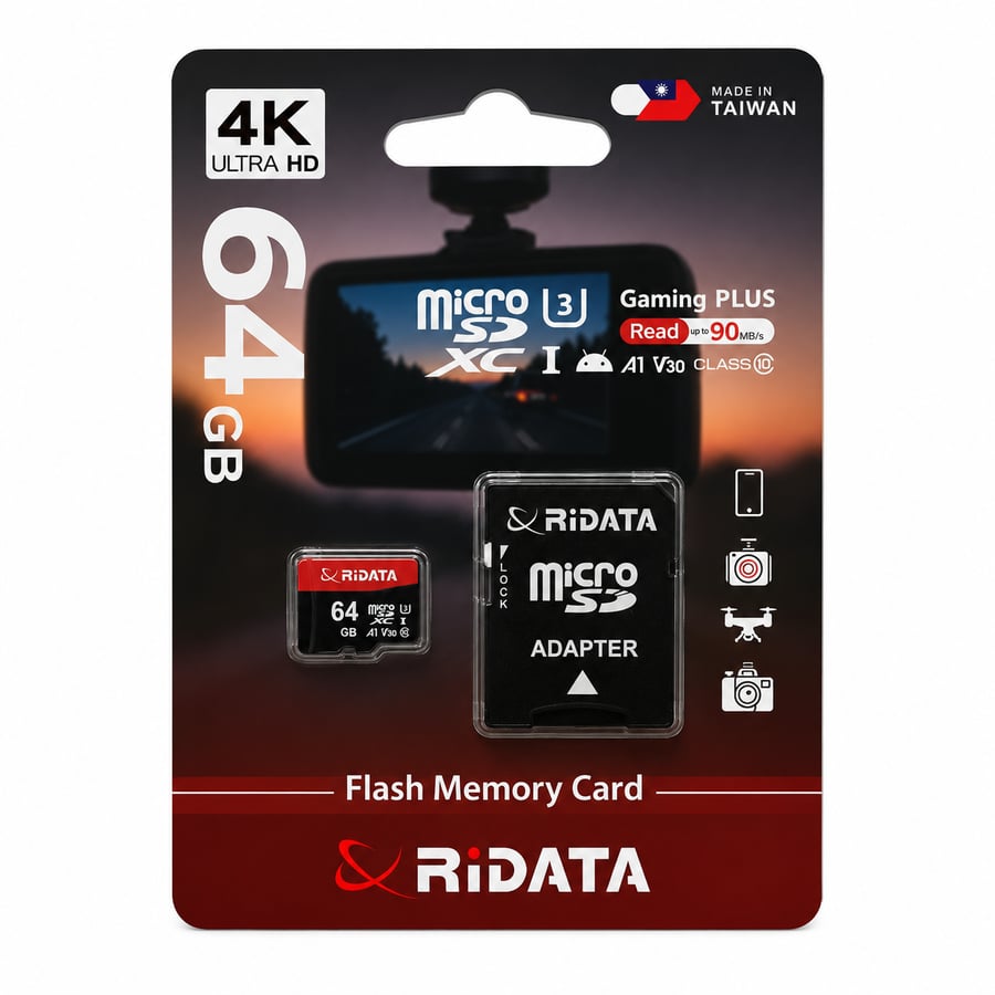 كرت ذاكرة مايكرو اس دي 64 جيجابايت مع محول من رايداتا - Gaming PLUS 4K (RiDATA 64GB MicroSDXC Flash Memory Card)