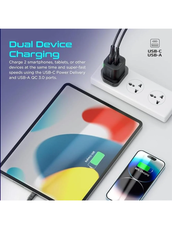 شاحن جداري Promate 25W USB + USB-C - أسود