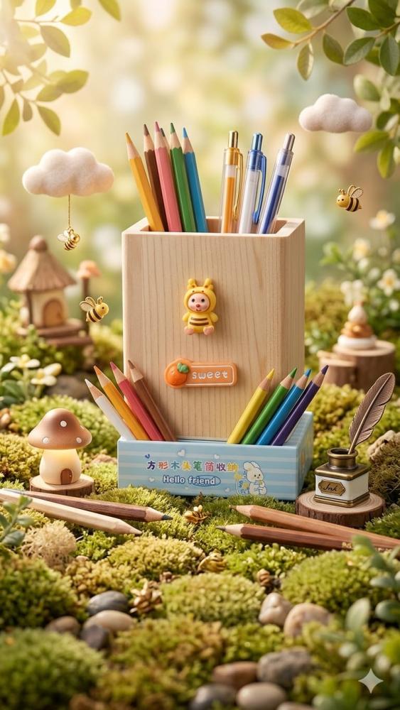Wooden Pen Holder, Square, Fancy