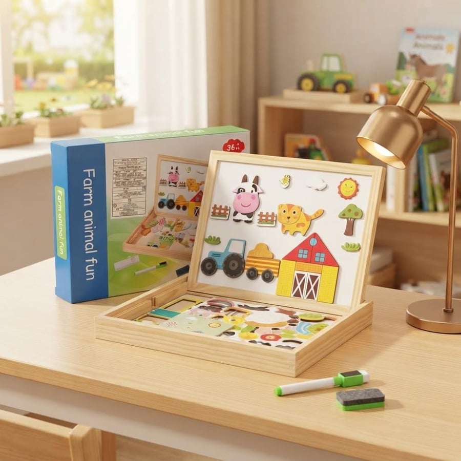 لعبة السبورة المغناطيسية الخشبية لتصميم حيوانات المزرعة للأطفال - Farm Animal Fun Magnetic Board