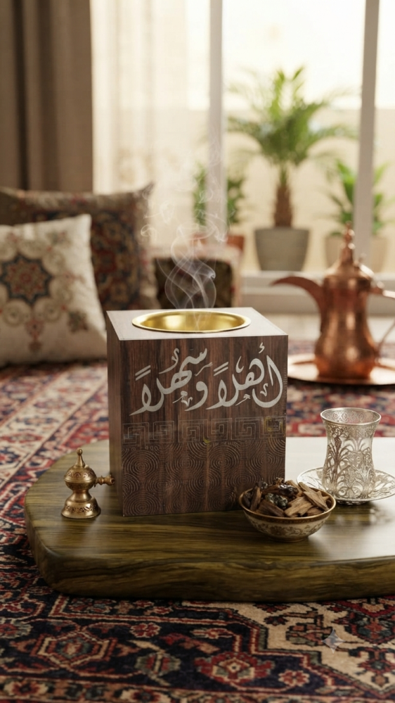 مبخرة خشبية مكعبة بتصميم أنيق وعبارة "أهلاً وسهلاً" مع وعاء ذهبي