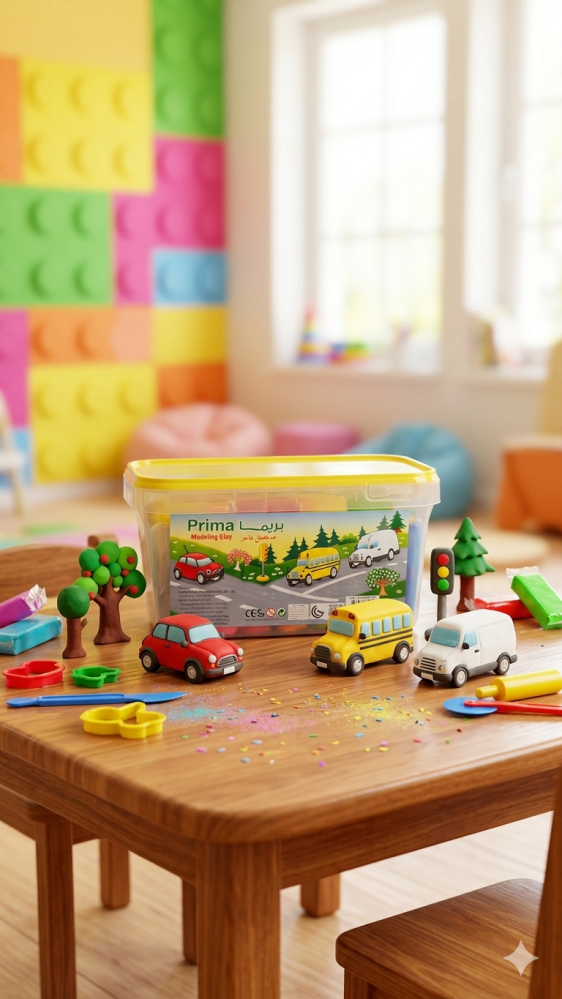 Primah modeling clay in a plastic storage box
