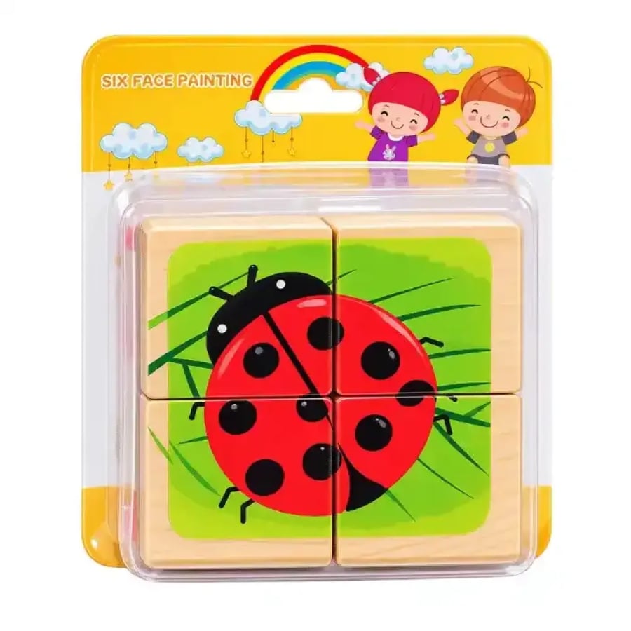 Kids 4-piece wooden cube block puzzle assembled showing a colorful lad
