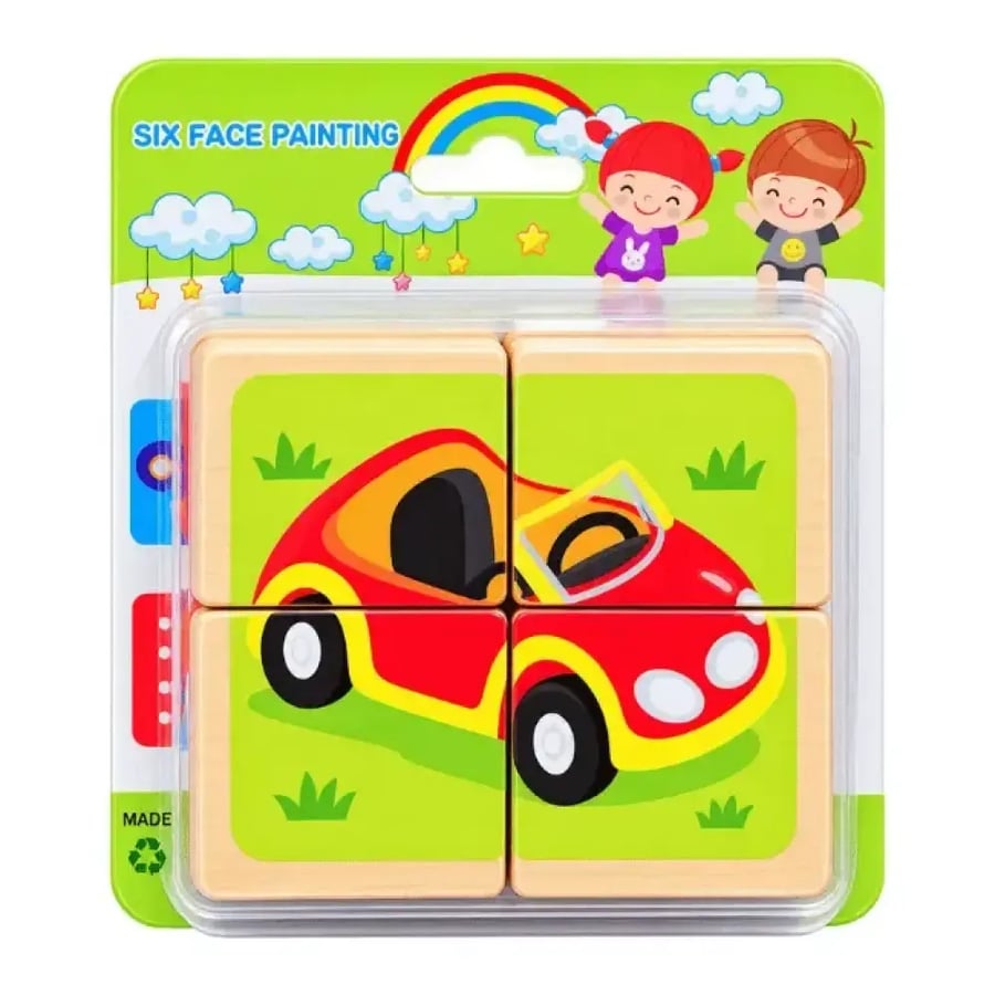 4-piece wooden cube puzzle for young children featuring a red cartoon