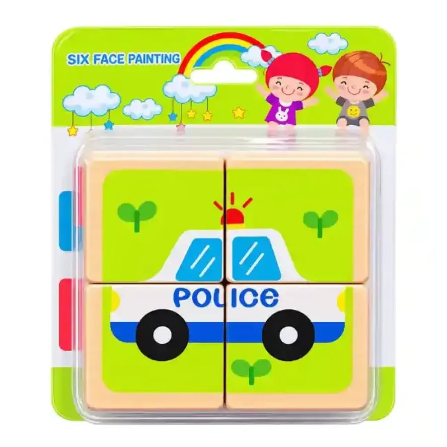 Toddler educational wooden block puzzle showing a blue and white polic