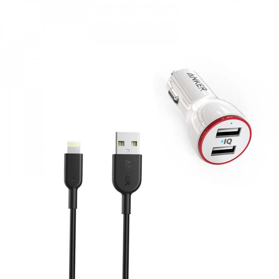 انكر - كيبل تايب ايه الى لايتنق بطول 90 سم + شاحن سياره باوردرايف بمنفذين USB بقوة 24 واط