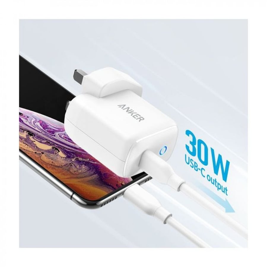 انكر - شاحن جداري باوربورت الاصدار الثالث بمنفذ USB-C بقوة 30 واط PIQ3.0 شاحن سريع مدمج