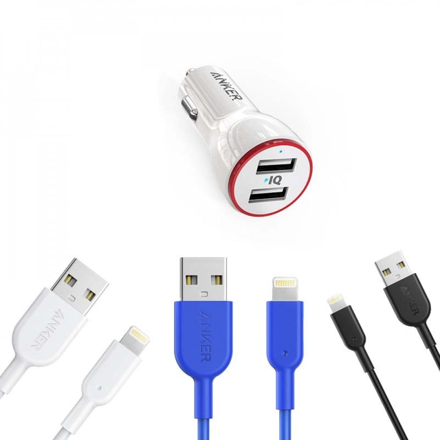 انكر - ثلاث كيابل تايب ايه الى لايتنق بطول 90 سم + شاحن سياره باوردرايف بمنفذين USB بقوة 24 واط