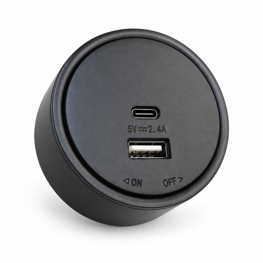 فيش شاحن للمسطرة (USB + Type-C) أسود دائري