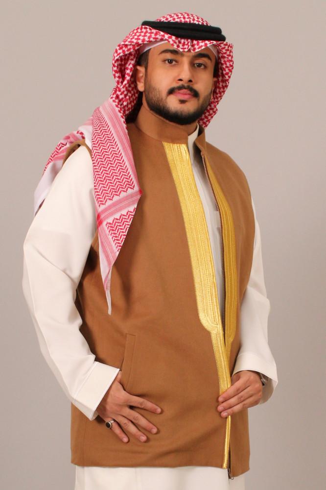 صديري قماش كشميري فرو ارنب طبيعي نقش زري ملكي زعفراني