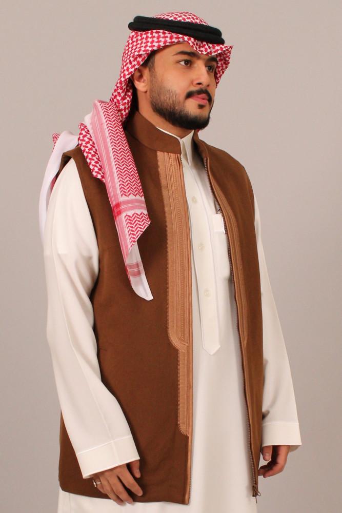 صديري قماش كشميري فرو ارنب طبيعي نقش زري ملكي اشقر
