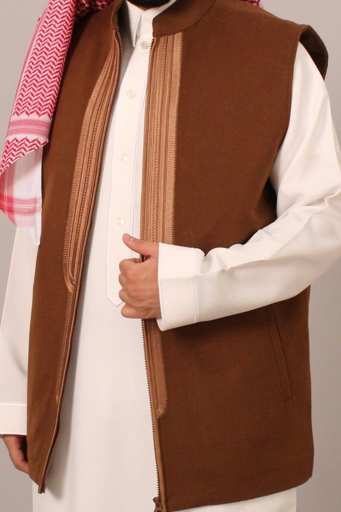 صديري قماش كشميري فرو ارنب طبيعي نقش زري ملكي اشقر