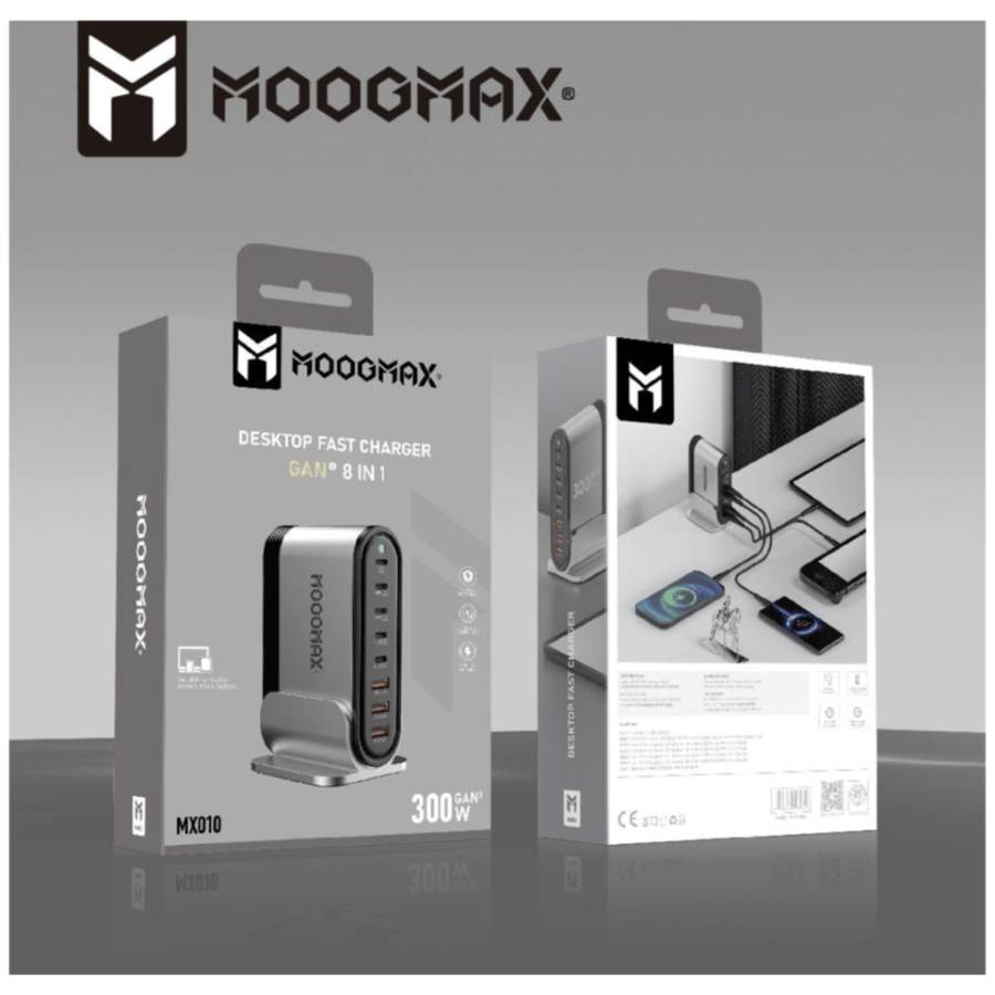 منصة شحن بقوة 300 واط من موج ماكس 5مداخل PD و 3مداخل يو اس بي moogmax -MX010 DESKTOP FAST CHARGER GAN 8 IN 1