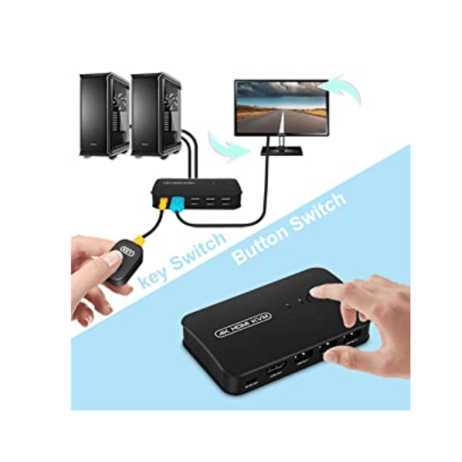 محول HDMI كيه في ام، مفتاح كيه في ام مع 4 منافذ USB لاجهزة كمبيوتر لمشاركة شاشة واحدة مع اجهزة من 3 منافذ USB، صندوق تبديل للماوس والكيبورد والماسح الضوئي والطابعة