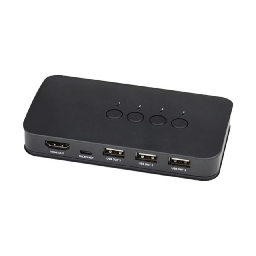 محول HDMI كيه في ام، مفتاح كيه في ام مع 4 منافذ USB لاجهزة كمبيوتر لمشاركة شاشة واحدة مع اجهزة من 3 منافذ USB، صندوق تبديل للماوس والكيبورد والماسح الضوئي والطابعة