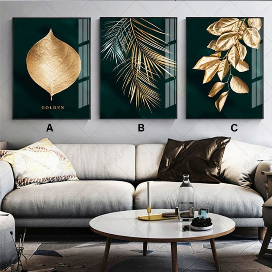 Wall panels with bright gold leaves on a dark green background