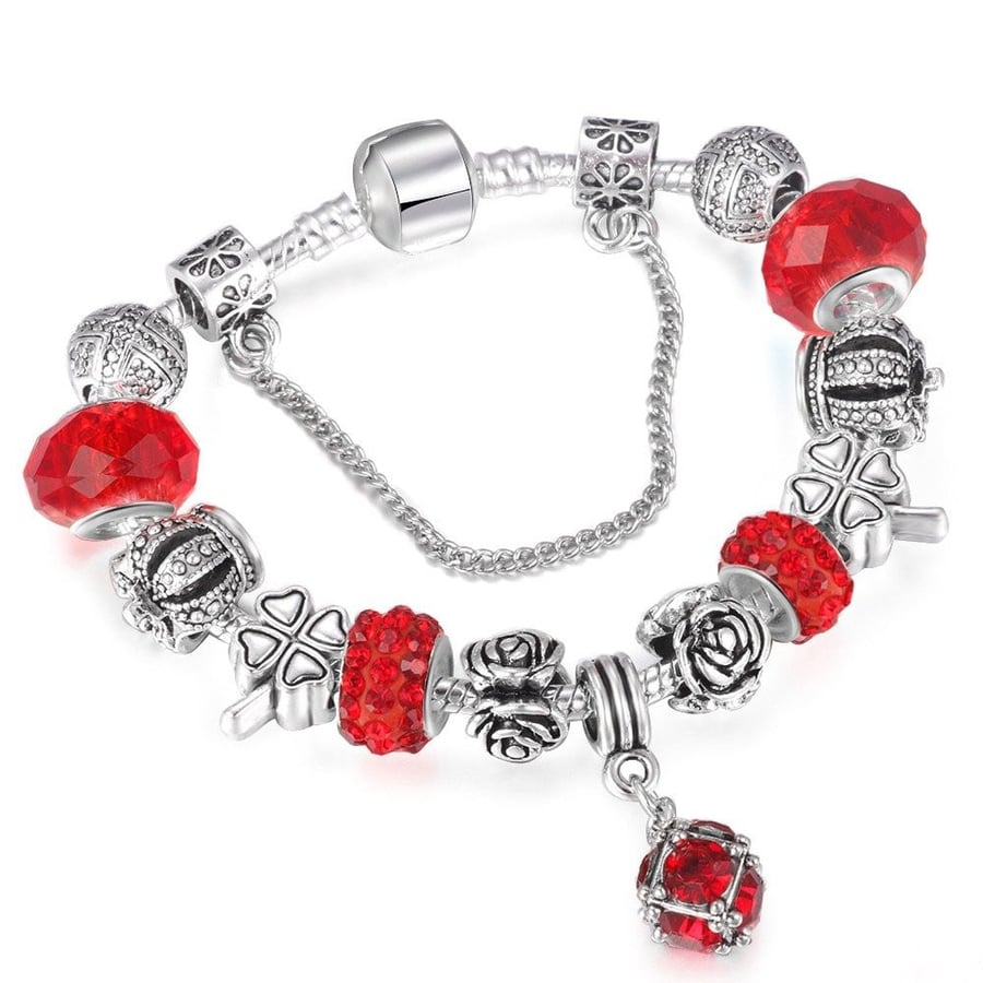 Sterling silver plated bracelet 925 adorned with beads and Pandora elements red color