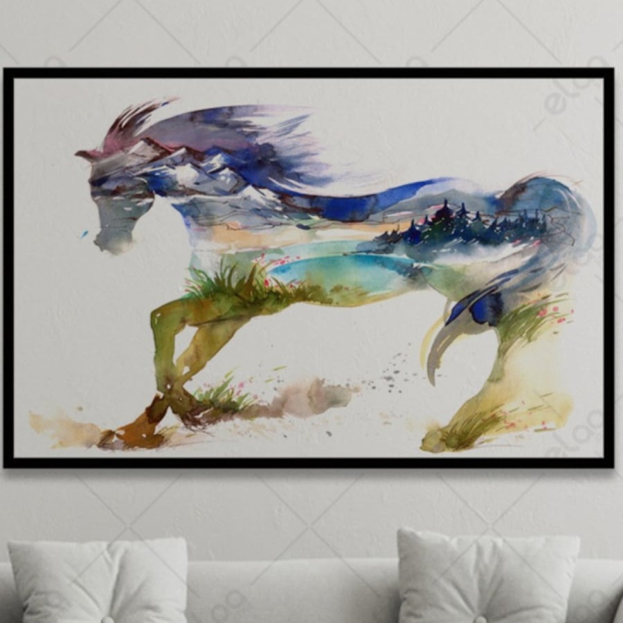 Abstract art wall panel of horses combined with city images