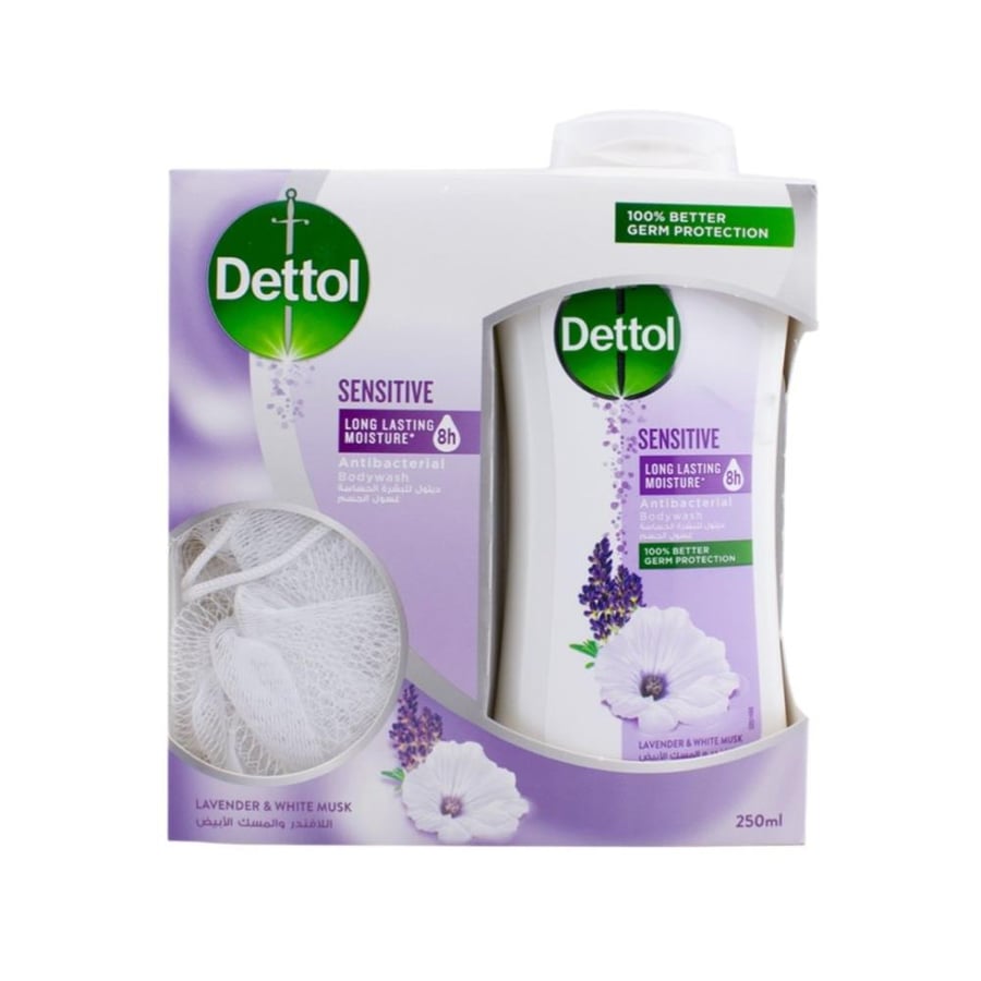 Dettol liquid shower for sensitive skin, disinfectant and sterilizer, with loofah - 250ml