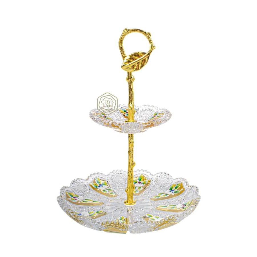 Luxury dessert stand of two floors (Medium size) Bohemian crystal with gilding and hand painting | Czech craftsmanship