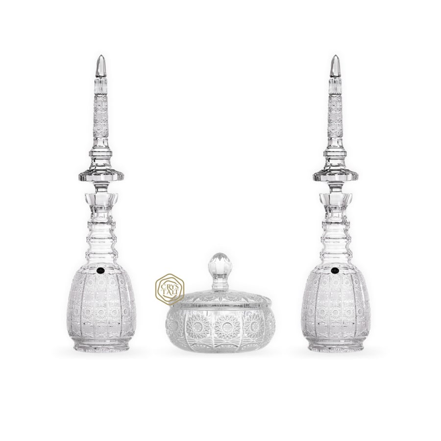 Luxury Bohemian crystal set, Czech-made, consisting of three pieces (vase with lid + 2 large-sized towers with classic pattern)