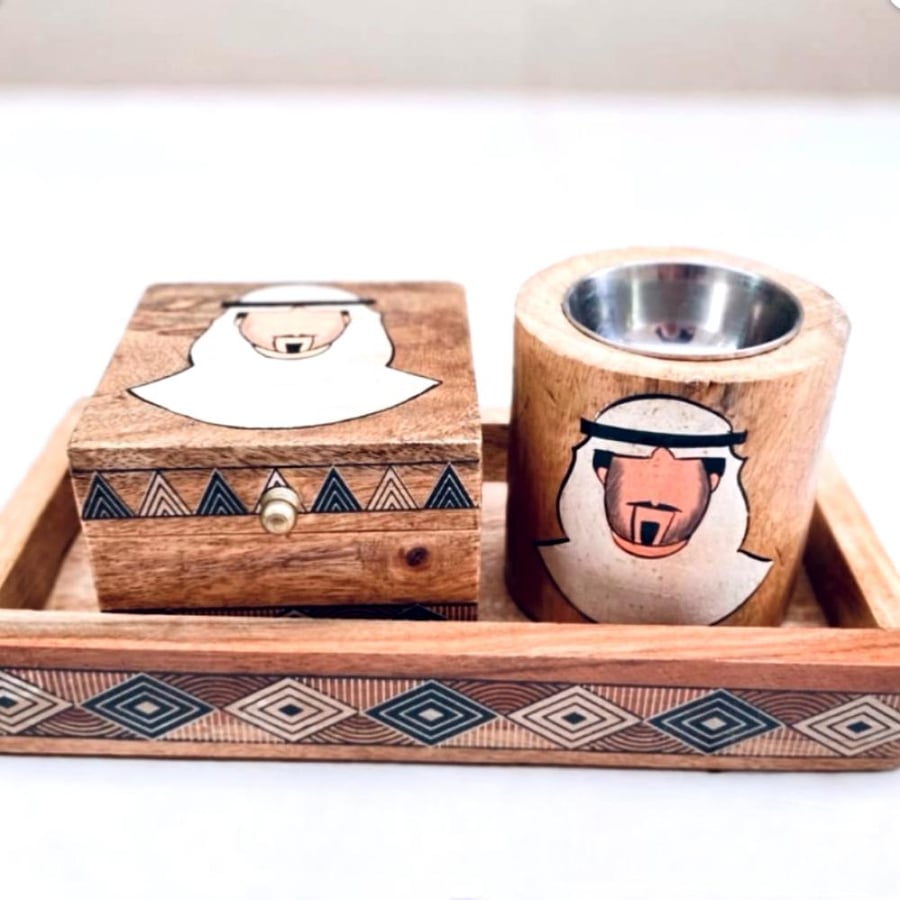 Luxury wooden incense burner with a man's drawing