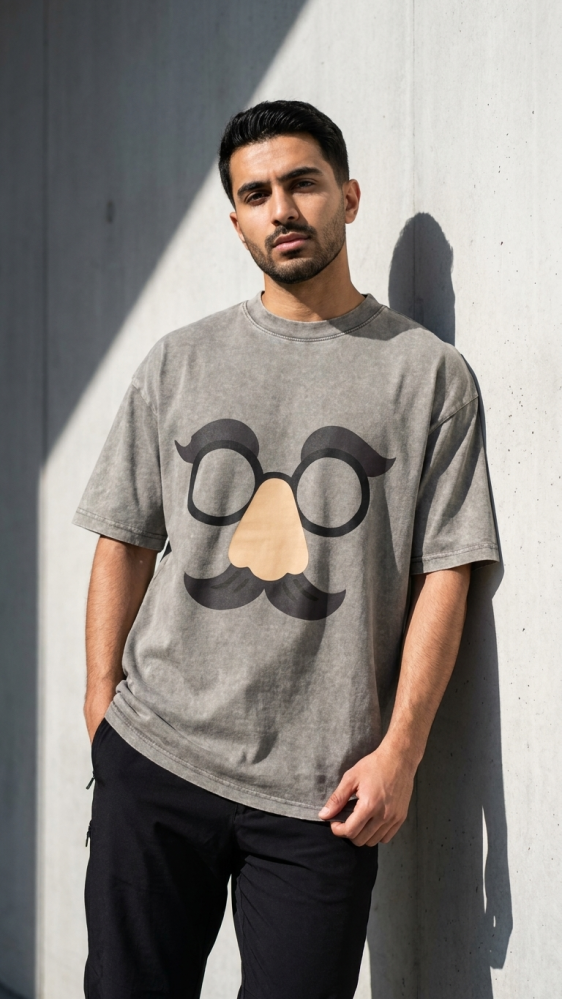 Unisex Milo Mustache Wash Grey Oversized T-Shirt -
