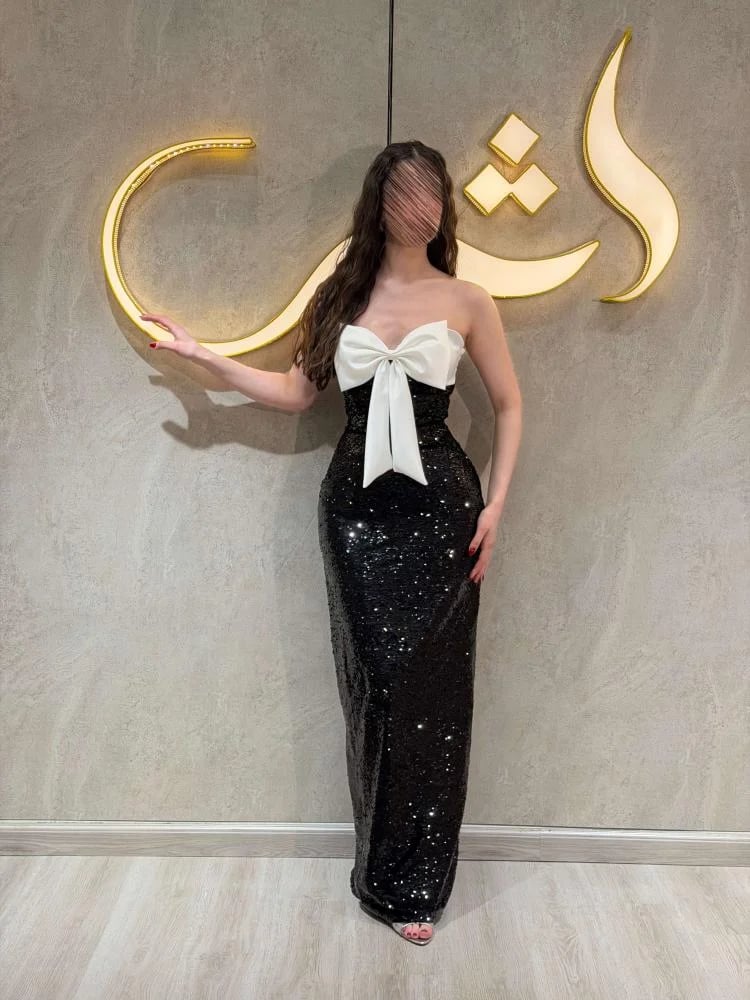 فستان سهرة اسود وابيض ترتر بأكمام منفصلة - فستان فايا