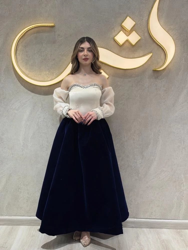 فستان كحلي مخملي بتوب سكري وأكمام طويلة - فستان لورينا