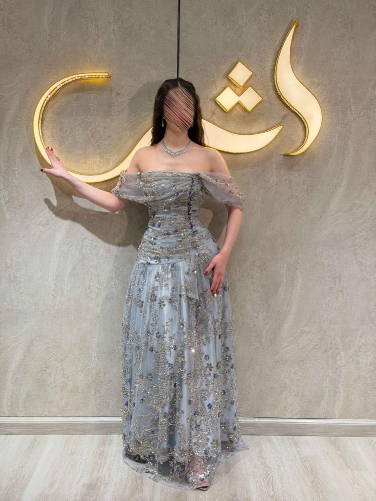 فستان سهرة رصاصي تول بالخرز فستان ايه