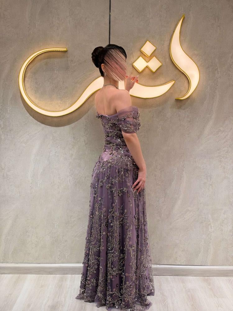 فستان سهرة بنفسجي تول بالخرز | فستان ايه