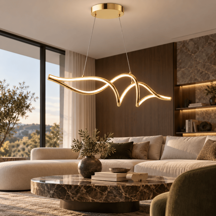 ثريا LED معلقة باللون الذهبي اللامع بتصميم منحني حديث داخل غرفة معيشة