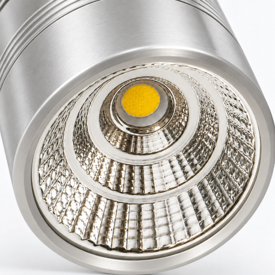 تفاصيل كشاف سقفي LED فضي توضح عدسة COB