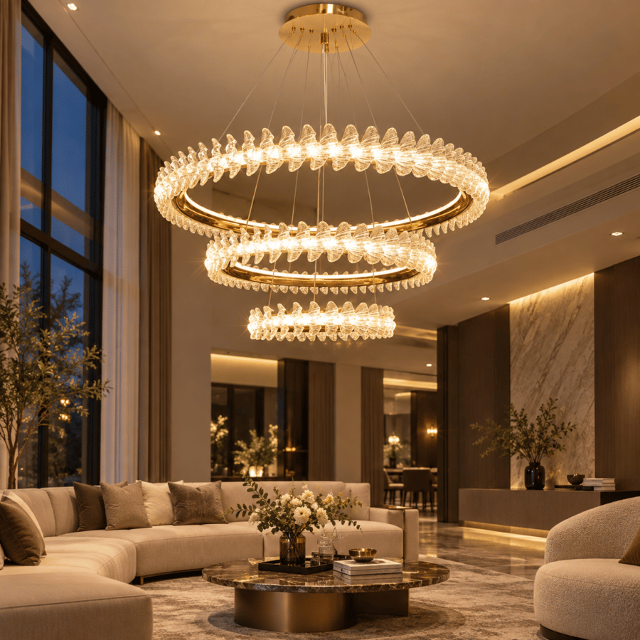ثريا LED ذهبية ثلاثية الحلقات بتصميم أوراق شفافة داخل مجلس عصري