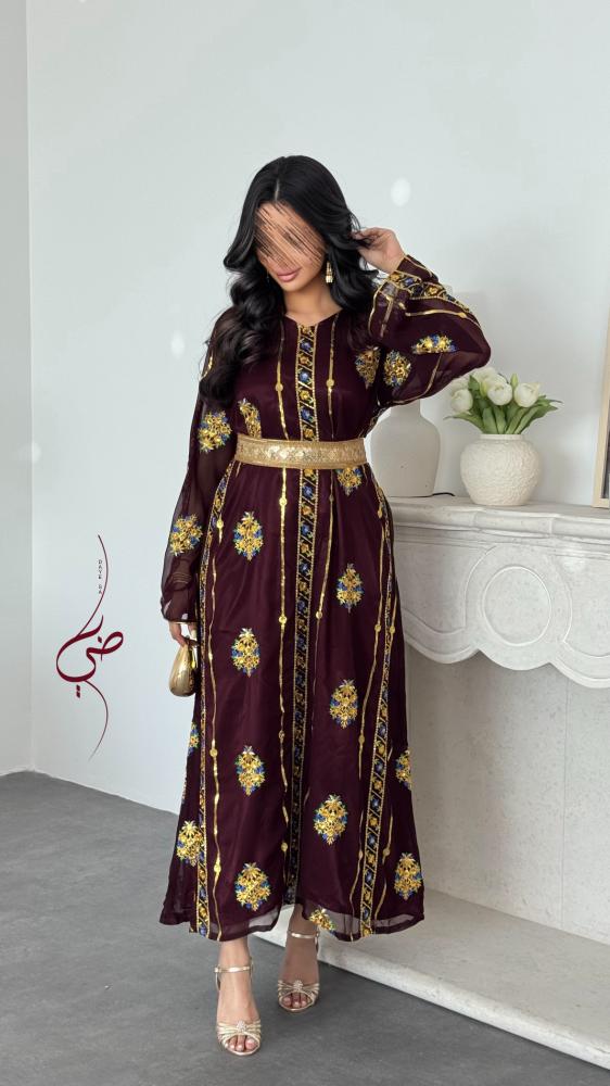 "زري عنابي " جلابيه شيفون مطرزة ( تتوفر بعدة الوان )