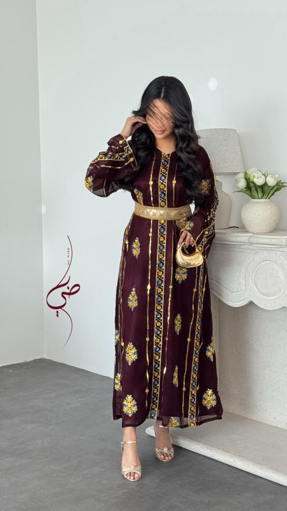"زري عنابي " جلابيه شيفون مطرزة ( تتوفر بعدة الوان )