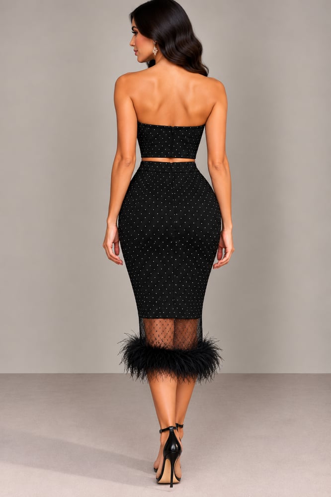 Black crystal-embellished midi skirt with luxurious feathers from Rivan
