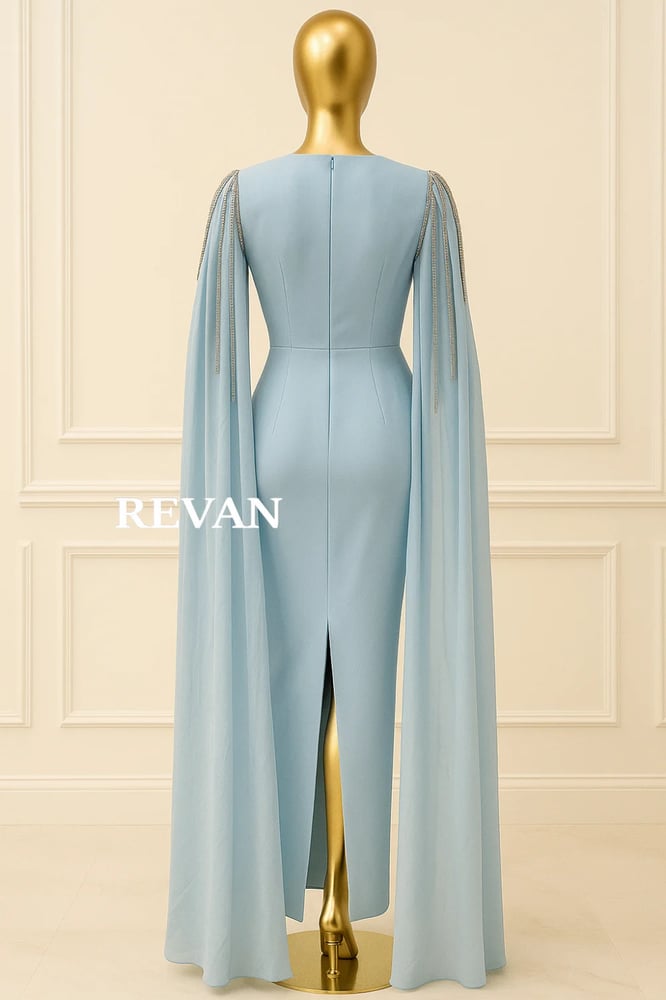 Elegant sky blue dress with a luxurious cape design from Rivan