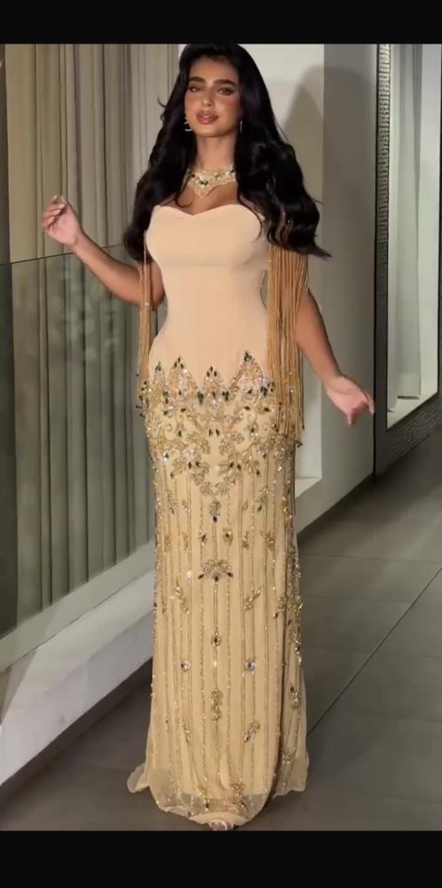 الفستان هو فستان سهرة كورسيه بتصميم ملكي يدمج بين اللونين الذهبي والأسود مع فيونكة جانبية كبيرة وأكمام مخملية منفصلة.