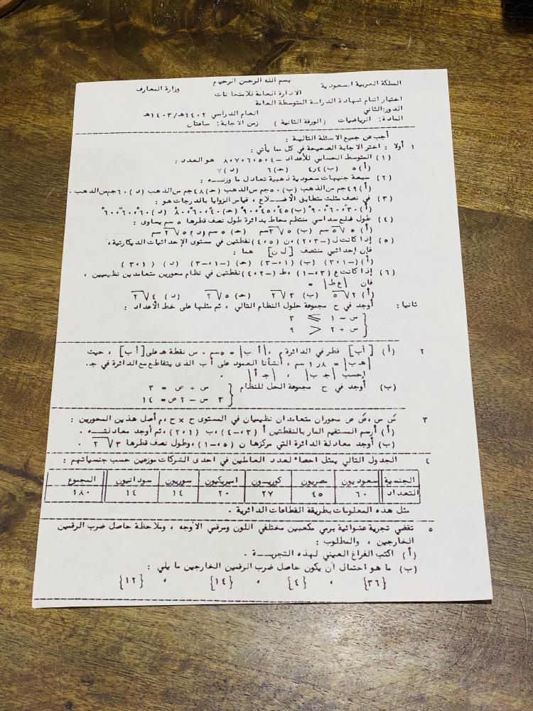 من النوادر؛ ورقة اسئلة لمادة الرياضيات للمرحلة المتوسطة عام ١٤٠٢هـ