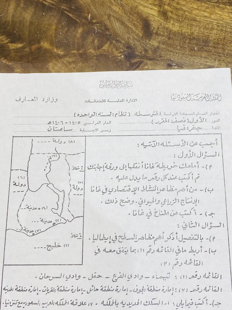 من النوادر؛ ورقة اسئلة لمادة الجغرافيا للمرحلة المتوسطة عام ١٤٠٥هـ