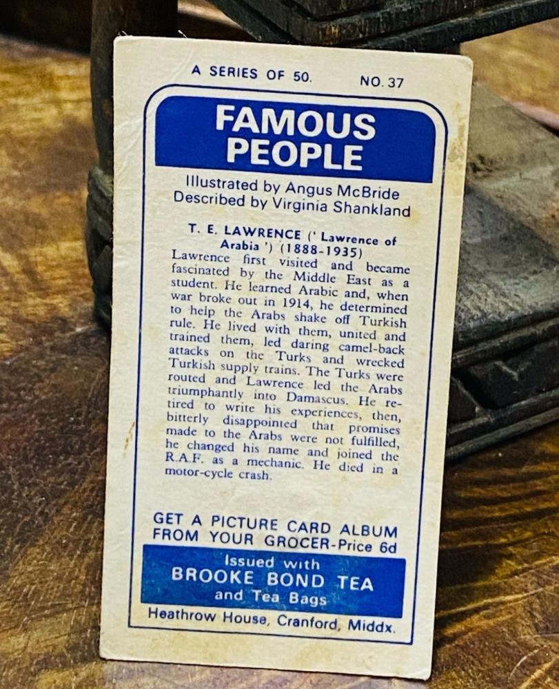 49 cards "Original" about world celebrities in the past two centuries, including Lawrence of Arabia; were issued by a tea company in Britain; old and stored with excellent preservation; the price for everyone is 49 cards
