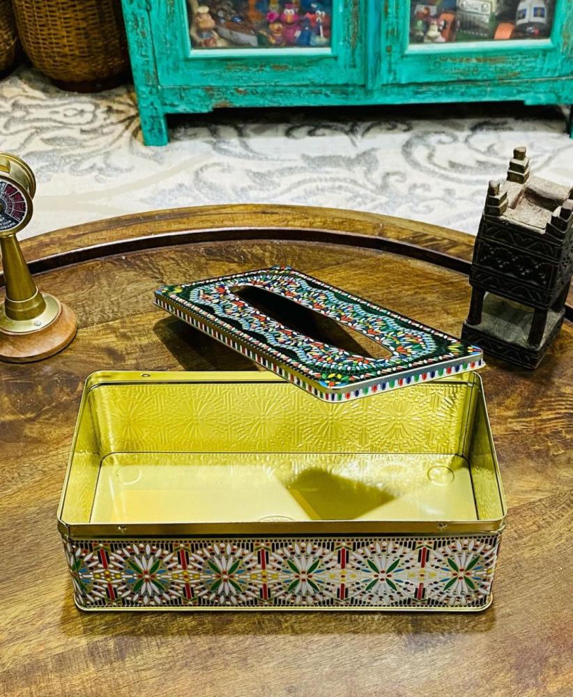 A tin box with beautiful engraved colored designs; was used to store tissue box; old, famous in the 1980s; stored in excellent condition, unused; made in Taiwan