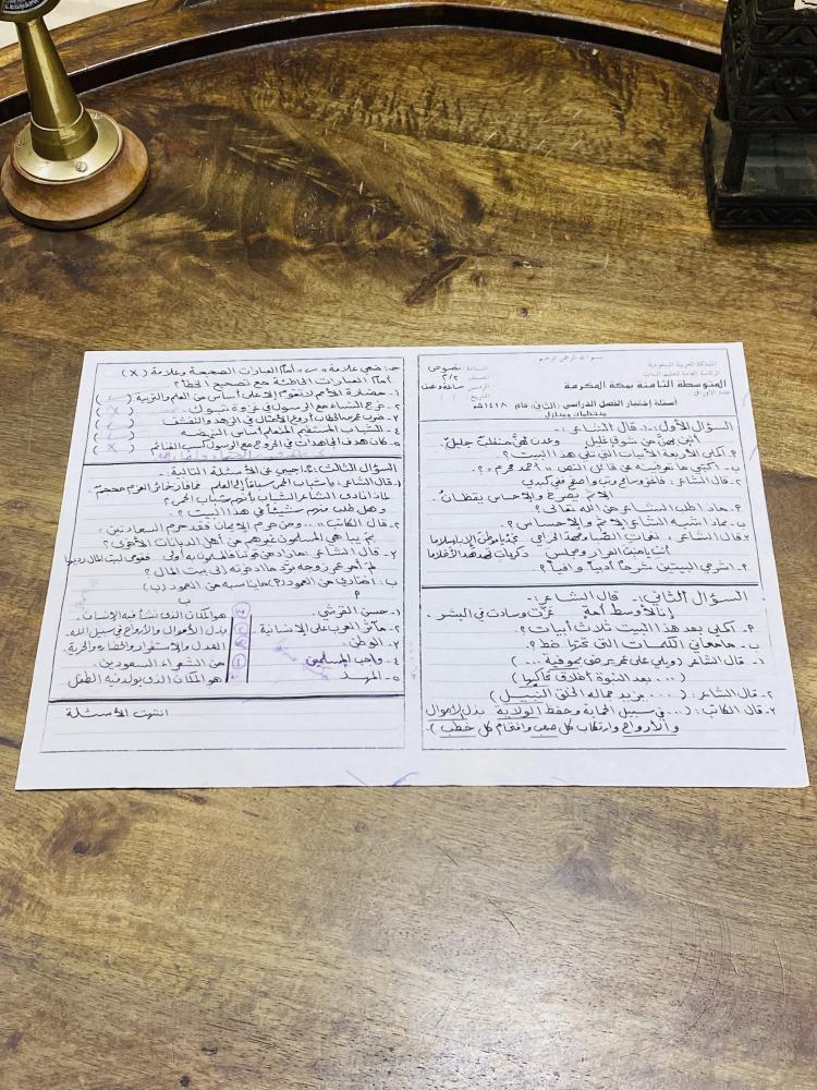 من النوادر؛ ورقة اسئلة لمادة النصوص للمرحلة المتوسطة عام ١٤١٨هـ