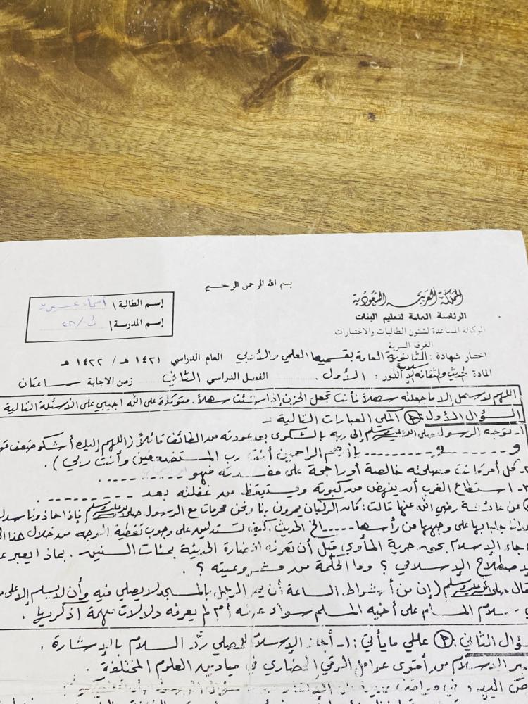 من النوادر؛ ورقة اسئلة لمادة الحديث للمرحلة الثانوية عام ١٤٢١هـ