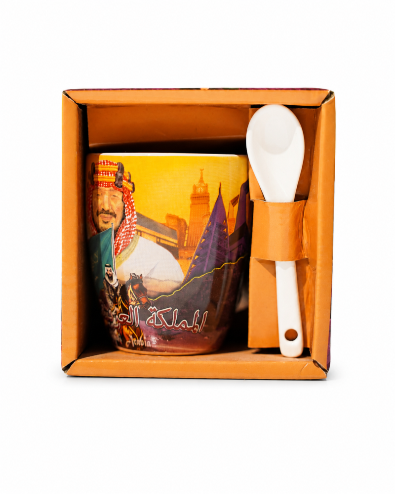 King Salman bin Abdulaziz and Saudi Arabia Landmarks Ceramic Mug and Spoon Set | Saudi Souvenir