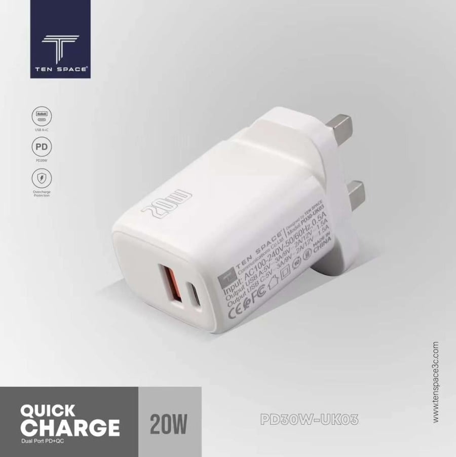 رأس شاحن منزلي QUICKCHARGE بقوة 20 واط من TEN SPACE – شحن سريع وآمن