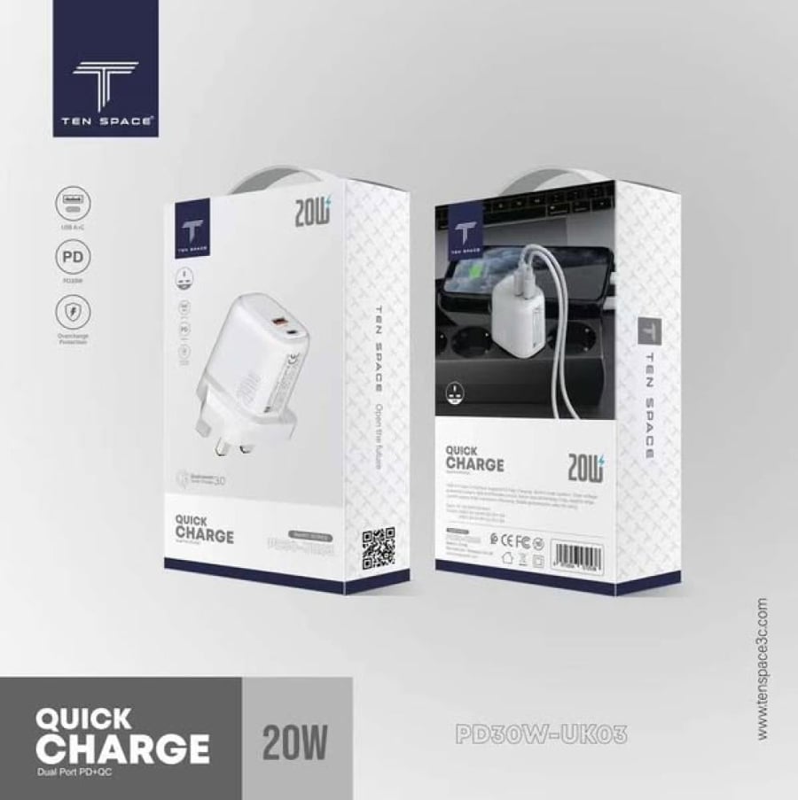 رأس شاحن منزلي QUICKCHARGE بقوة 20 واط من TEN SPACE – شحن سريع وآمن