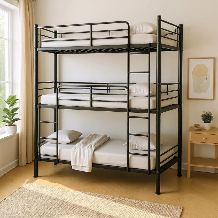 سرير فردي ثلاثي الطوابق مع سلم من موڤو كودا معدن باللون الاسود مقاس 90x200 سم